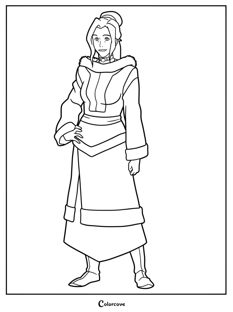 Kya from The Legend of Korra standing in her traditional water tribe outfit in this printable coloring page.