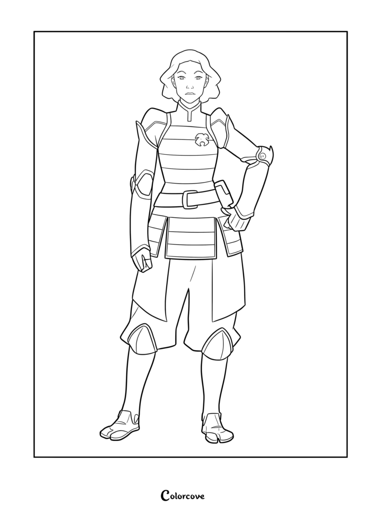 Lin Beifong standing in her metalbending police uniform, detailed line art coloring page.