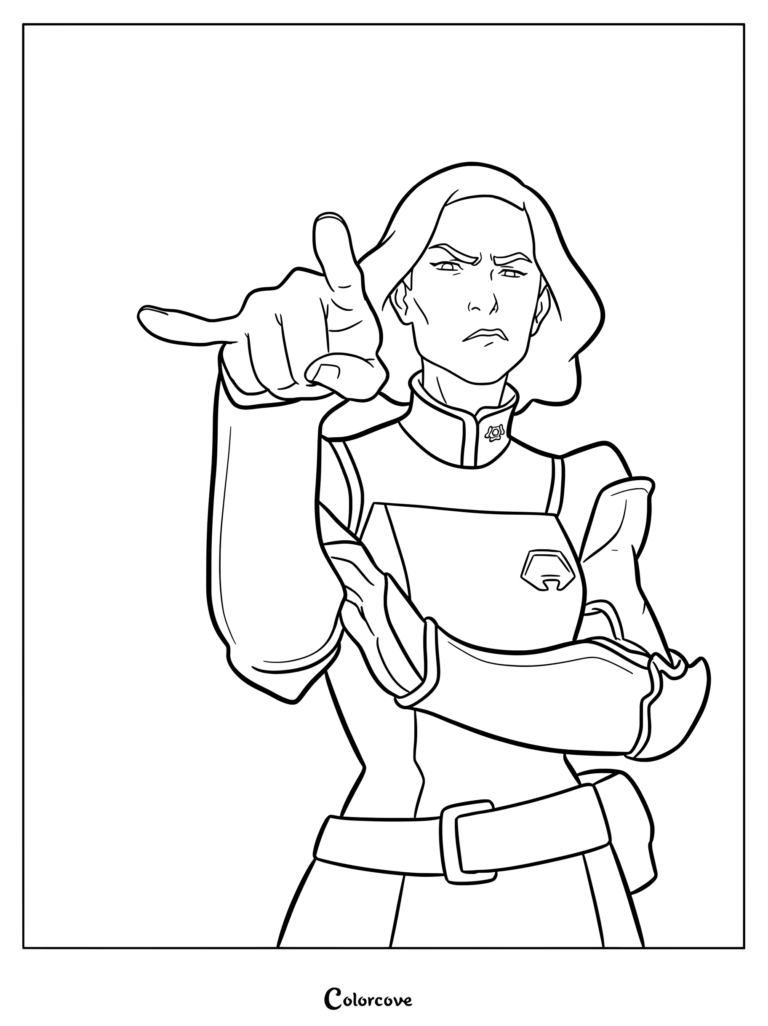 Lin Beifong from The Legend of Korra in her police uniform pointing forward, detailed line art coloring page.
