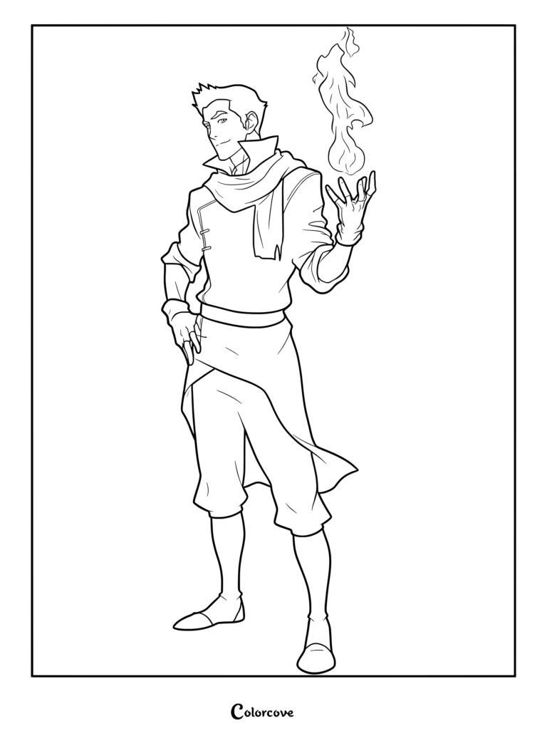 Mako from The Legend of Korra standing with a flame hovering above his hand in this printable coloring page.