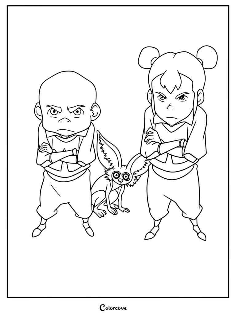 Meelo and Ikki standing with arms crossed beside Poki in this Legend of Korra coloring page.