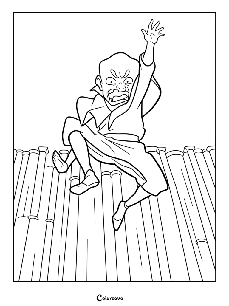 Meelo from The Legend of Korra jumping from a rooftop in this printable coloring page.