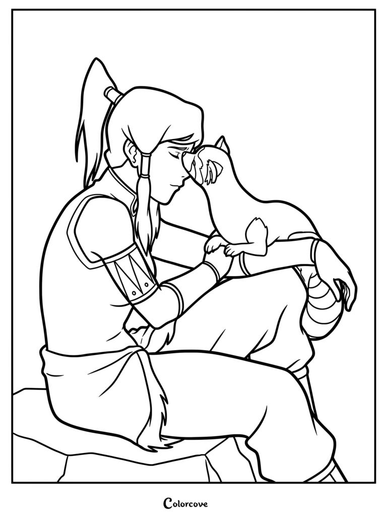 Korra sitting and holding Pabu against her forehead in this printable coloring page of a tender moment.