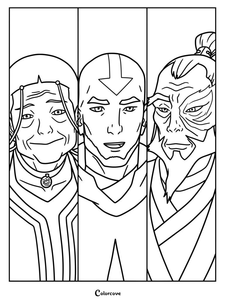 A printable coloring page featuring portraits of aged Katara, Aang, and Zuko from The Legend of Korra in three vertical panels.