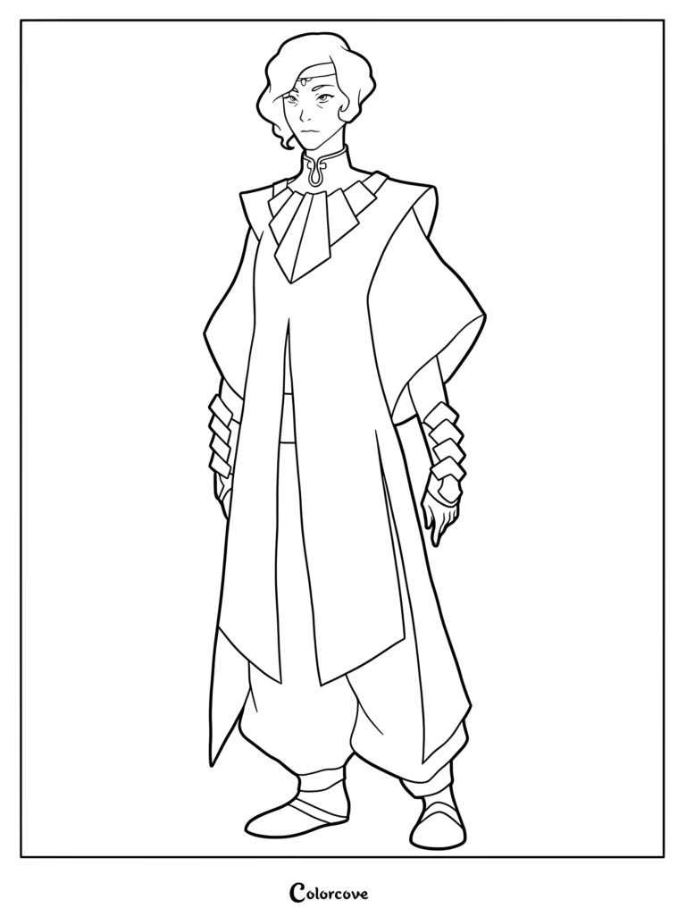 A detailed line art coloring page of Suyin Beifong from The Legend of Korra, standing in her signature metalbending armor and robes.