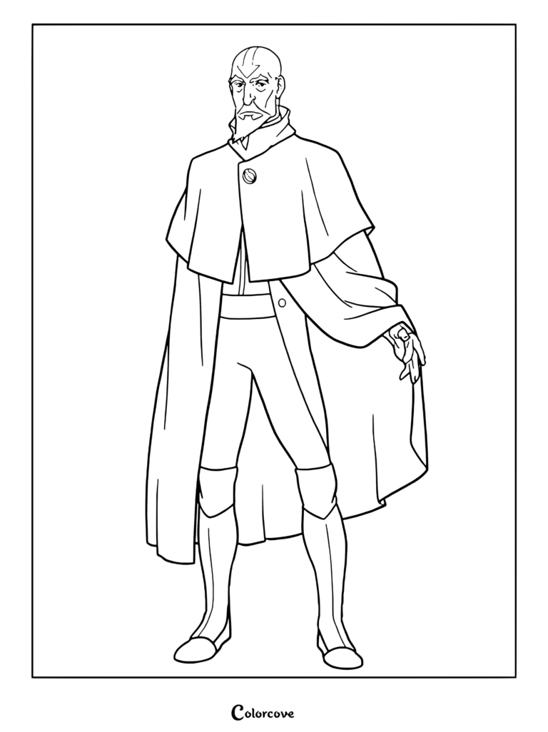 Tenzin wearing his traditional Air Nomad robes and cape in this detailed printable coloring page.