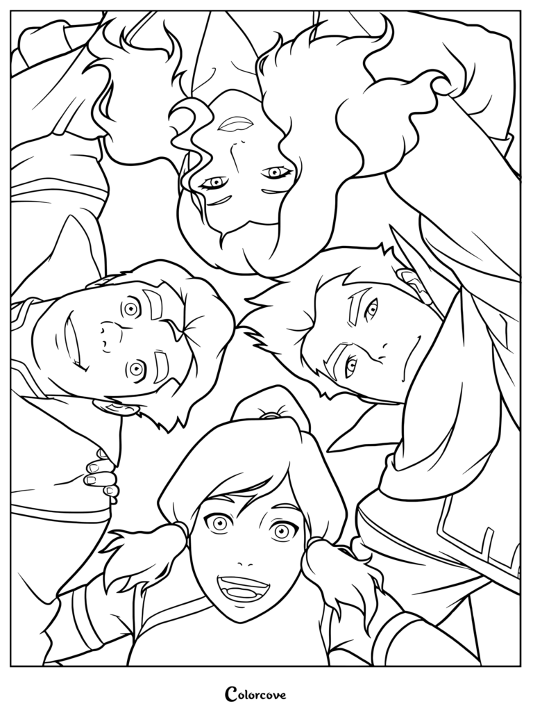 A printable coloring page featuring Korra, Mako, Bolin, and Asami Sato looking down in a circle.