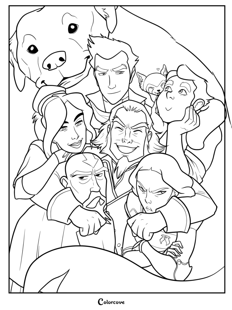 Line art coloring page featuring Korra, Mako, Bolin, Asami, Tenzin, and Naga the polar bear dog posed together.