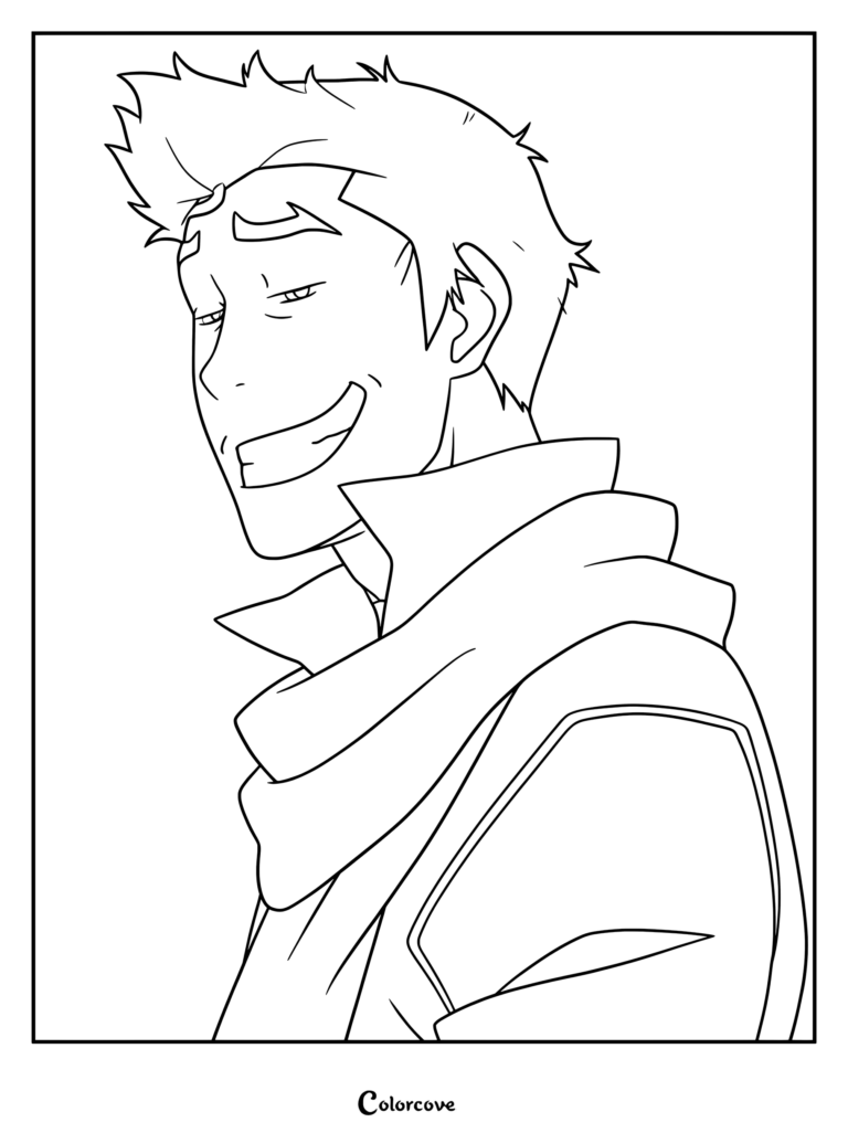 A printable coloring page of Mako from The Legend of Korra wearing his signature scarf and smiling shyly.