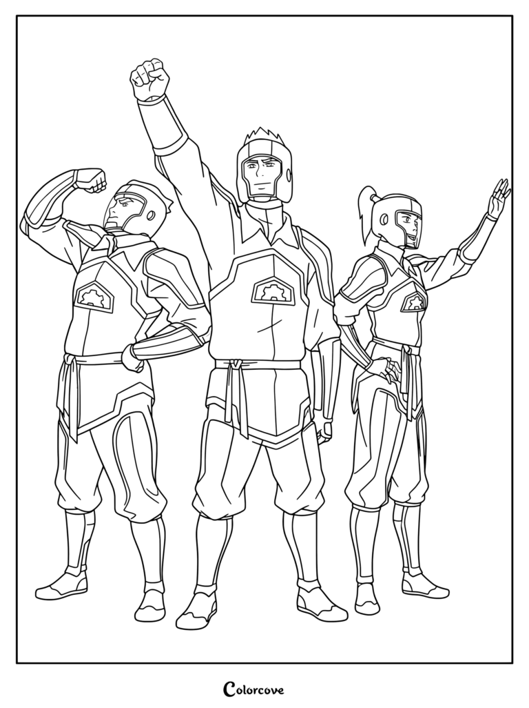 The Fire Ferrets pro-bending team featuring Mako, Bolin, and Korra in their red and white uniforms on a printable coloring page.