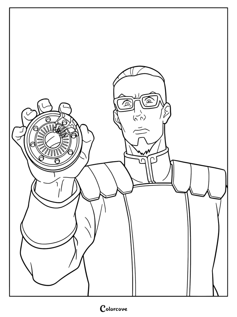 Baatar Jr. from The Legend of Korra holding a damaged channeling ring component in this printable coloring page.
