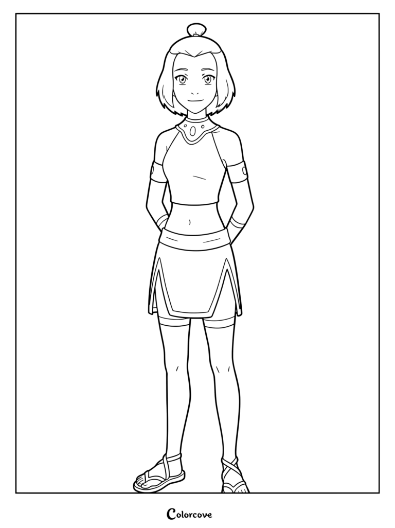 Suki from Avatar The Last Airbender wearing her distinctive Fire Nation disguise in this printable line art coloring page.