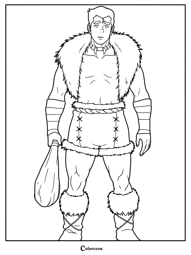 Bolin from The Legend of Korra wearing his Nuktuk Hero of the South costume with fur collar and club in this printable coloring page.