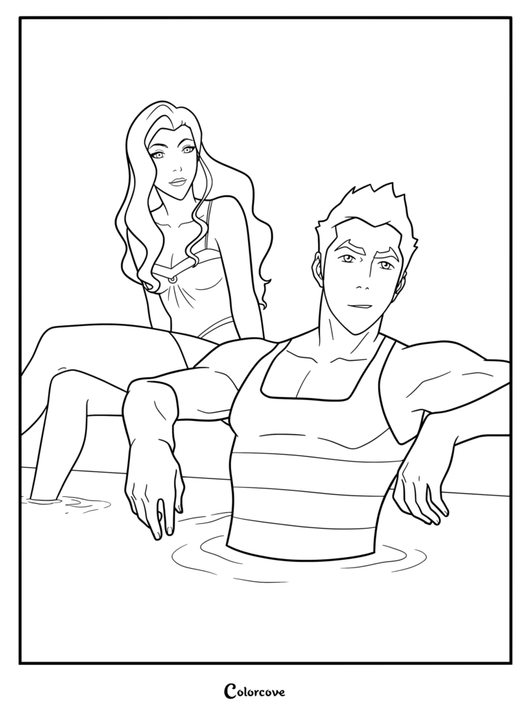 Asami Sato and Mako relaxing in a pool in this printable Legend of Korra coloring page.