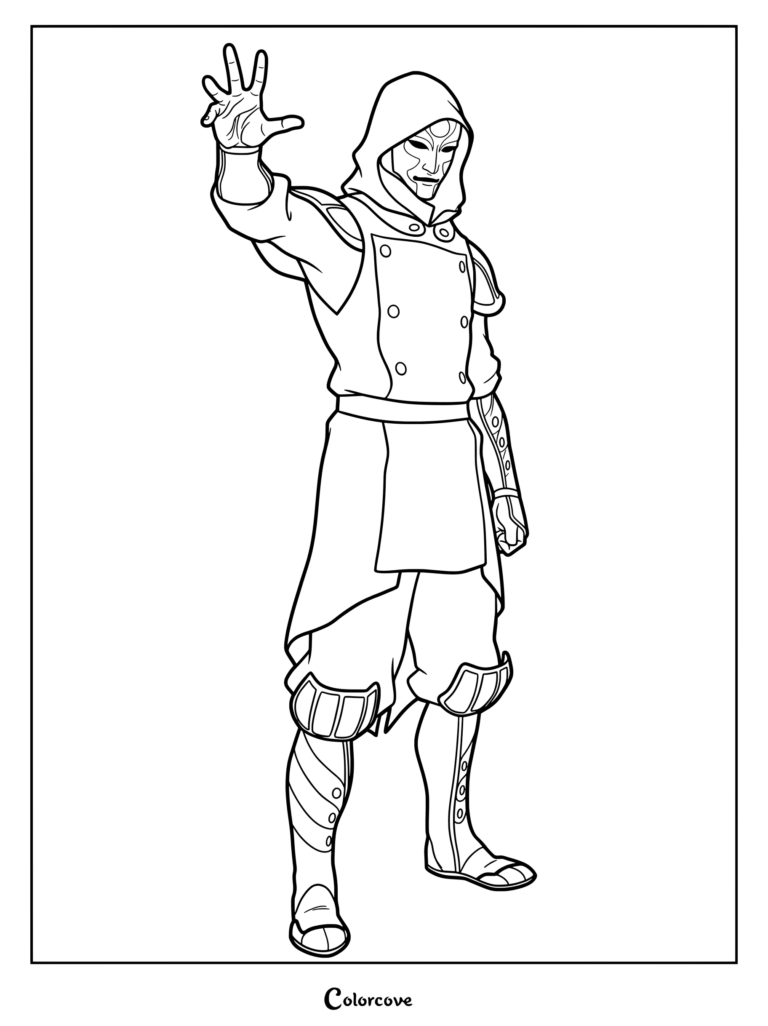 Amon wearing his signature mask and hooded uniform with his hand raised in this printable coloring page.
