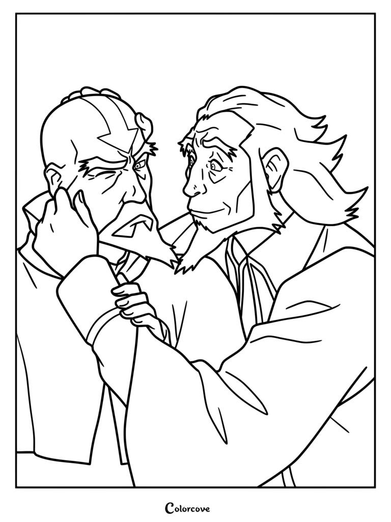 Line art coloring page of Tenzin, the son of Aang, interacting with his older brother Bumi in a close-up scene.