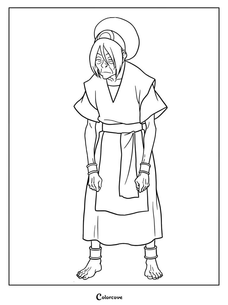 An elderly Toph Beifong standing in traditional earthbender robes, detailed line art coloring page.