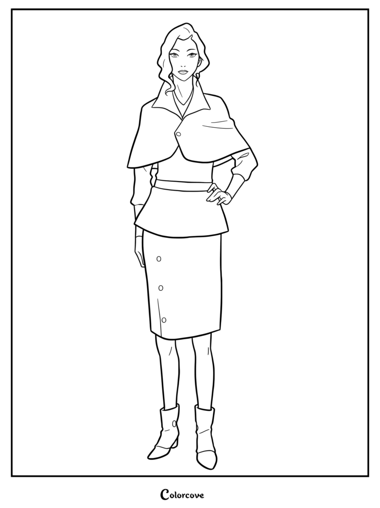 Asami Sato from The Legend of Korra wearing a business-oriented outfit featuring a dark blazer cinched with a belt in this printable coloring page.