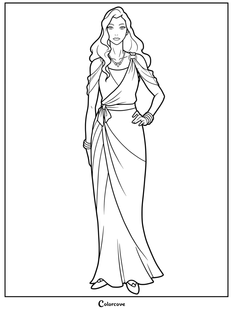 Asami Sato from The Legend of Korra wearing a formal draped evening gown and necklace in this printable coloring page.