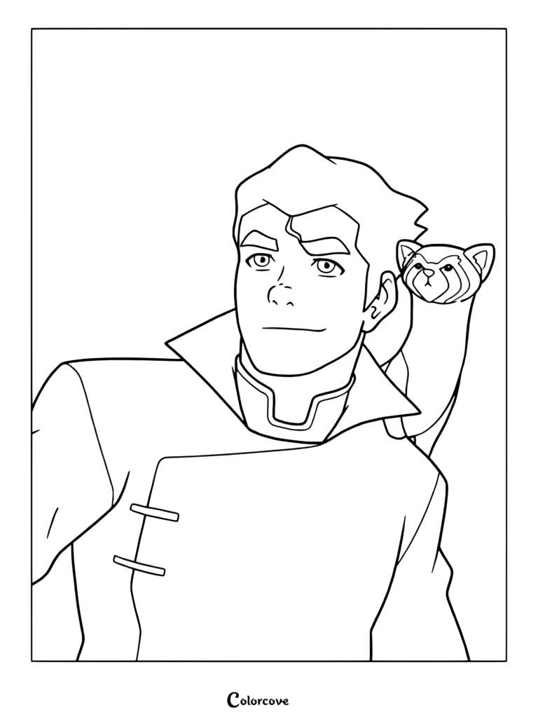 Bolin from The Legend of Korra with Pabu sitting on his shoulder in this printable coloring page.