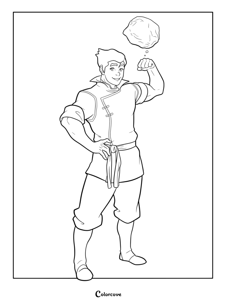 Bolin from The Legend of Korra earthbending a rock above his flexed arm in this printable coloring page.