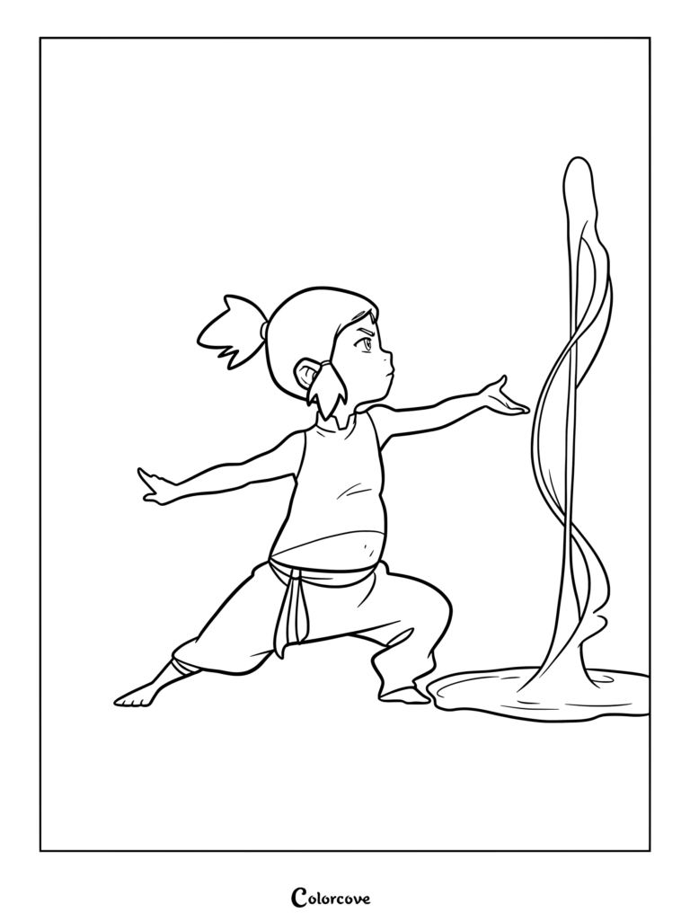 A printable coloring page featuring a young four-year-old Korra in a focused stance, practicing her waterbending skills by lifting a stream of water.