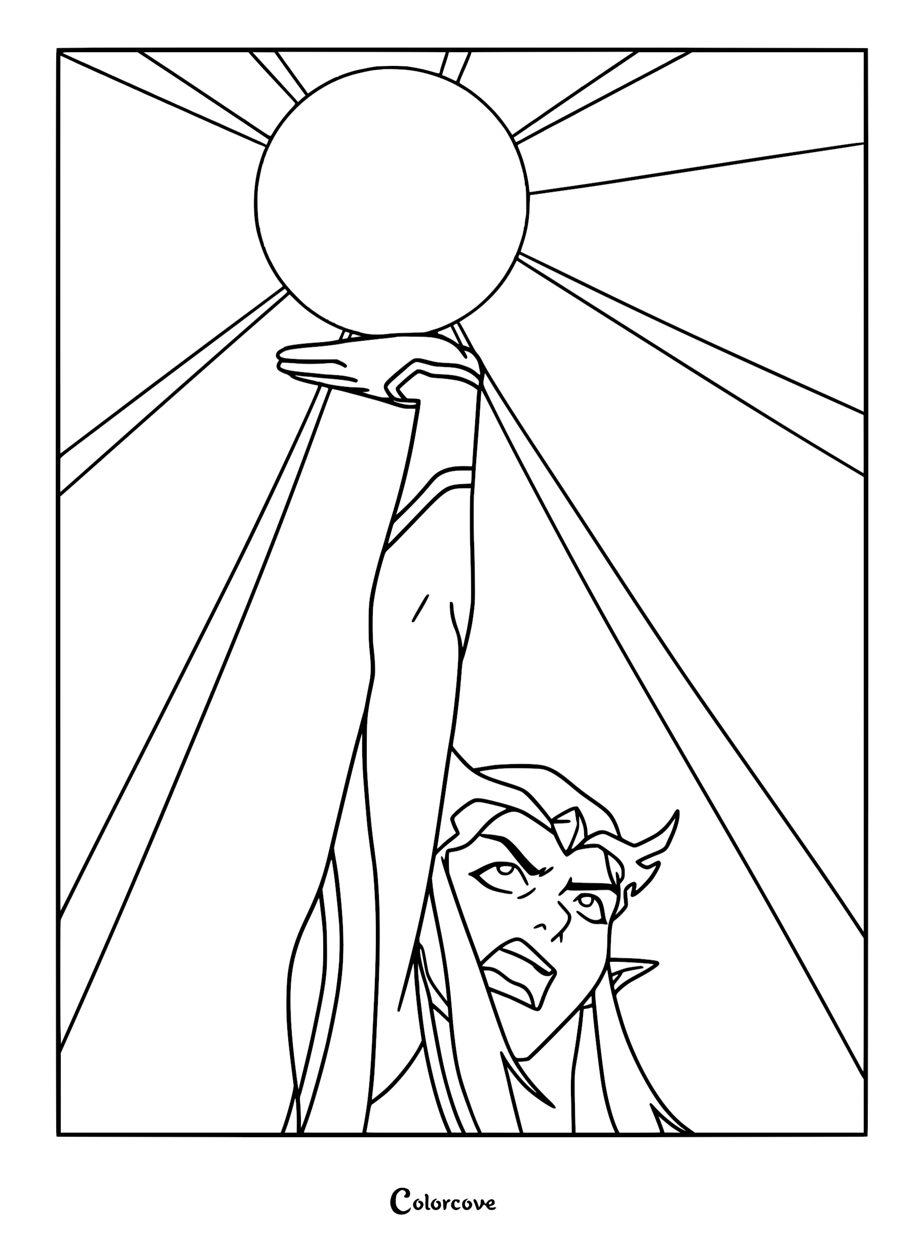Keyleth from The Legend of Vox Machina reaching upward to cast a powerful glowing spell in this printable coloring page.