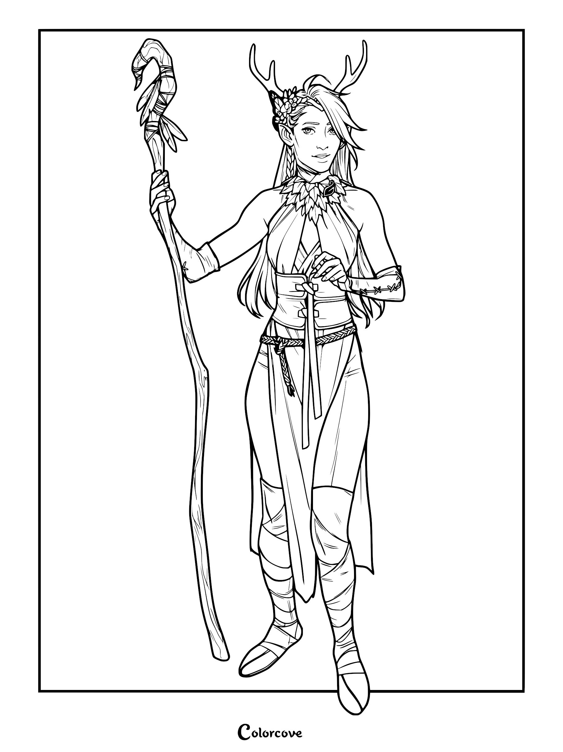 A detailed line art coloring page featuring Keyleth from The Legend of Vox Machina, standing tall with her signature wooden staff, wearing her druidic mantle, flower crown, and antler headpiece.