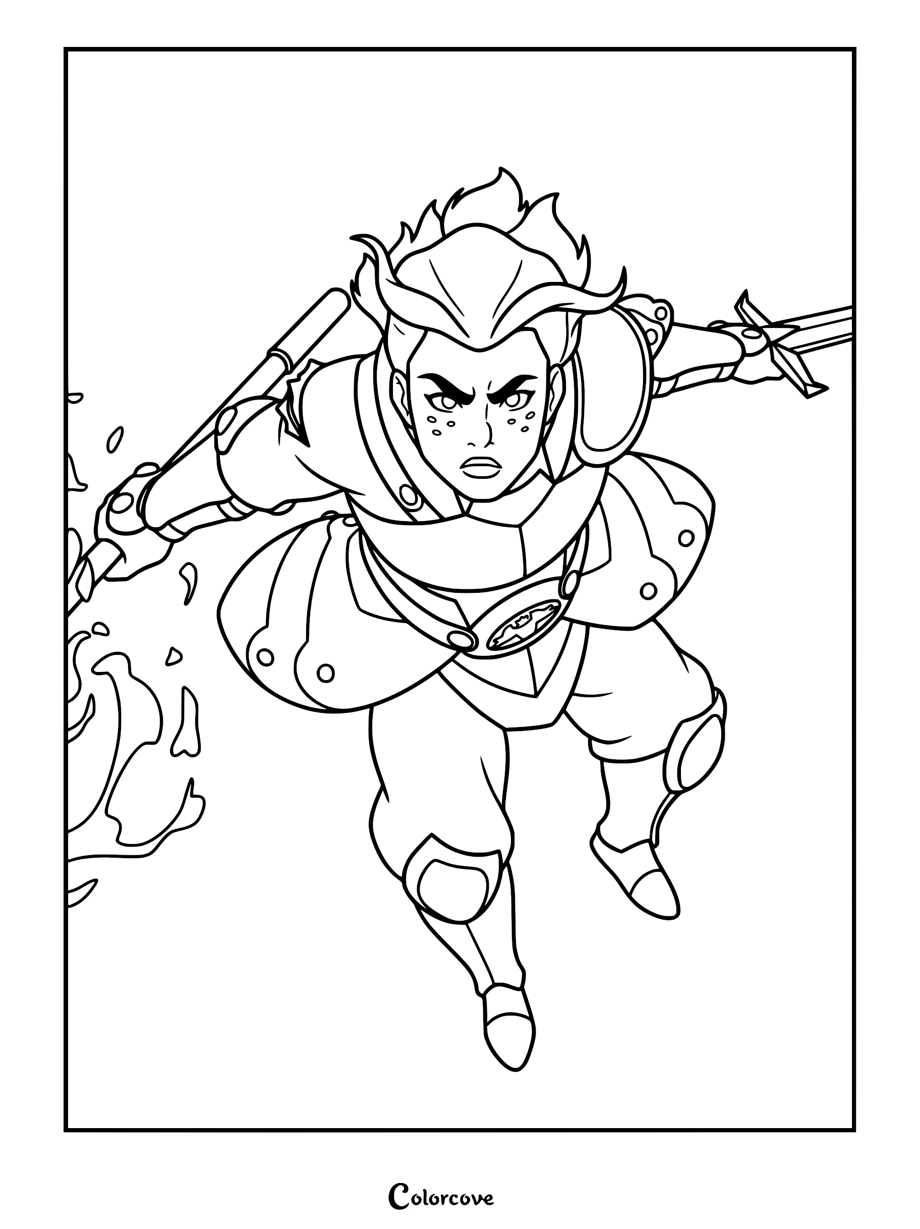 Lady Kima of Vord in a dynamic combat pose, wielding a sword and shield, featured in this detailed Legend of Vox Machina coloring page.