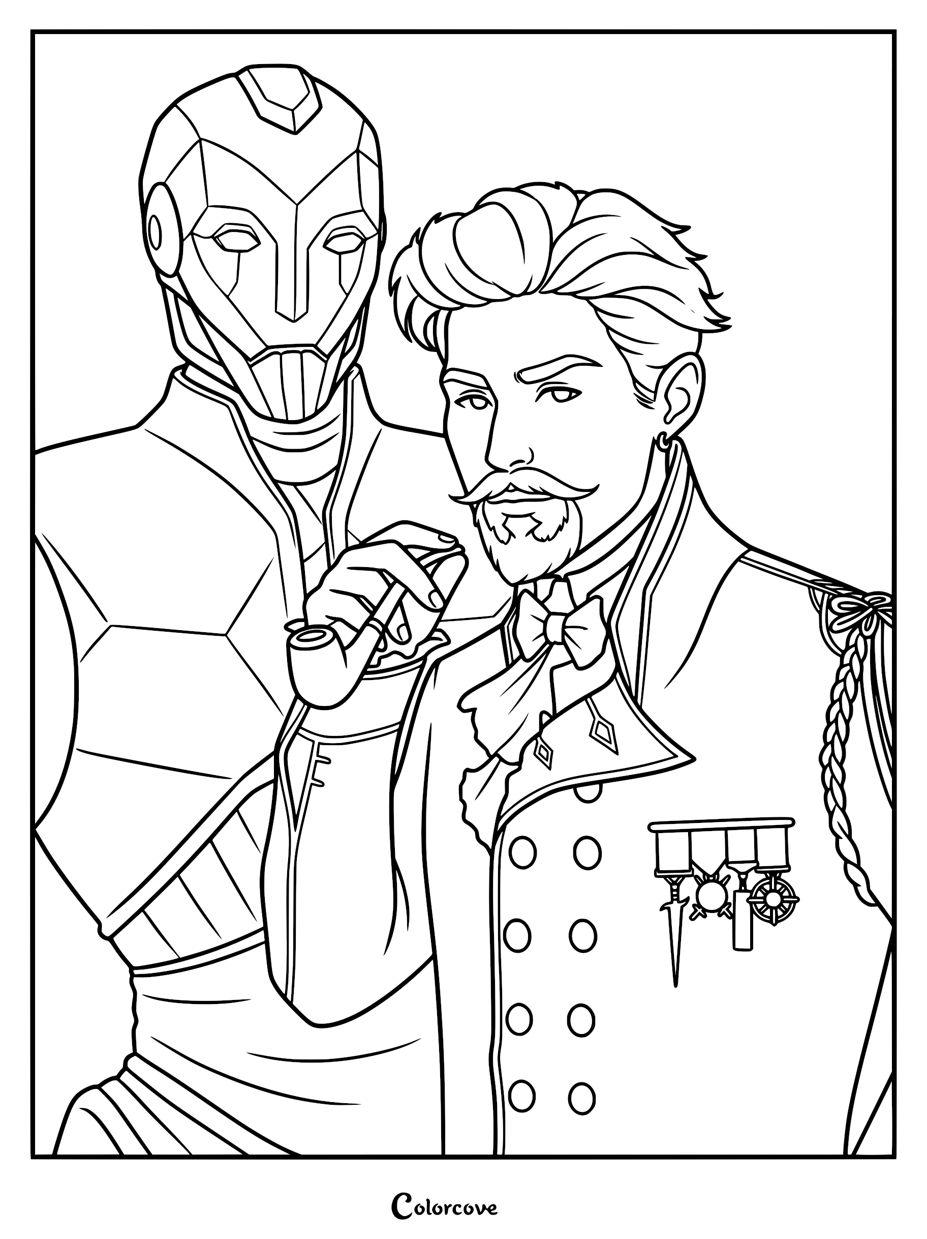 Line art coloring page featuring Taryon Darrington in his formal military-style coat with medals, standing beside his mechanical construct companion Doty X in 836 PD.