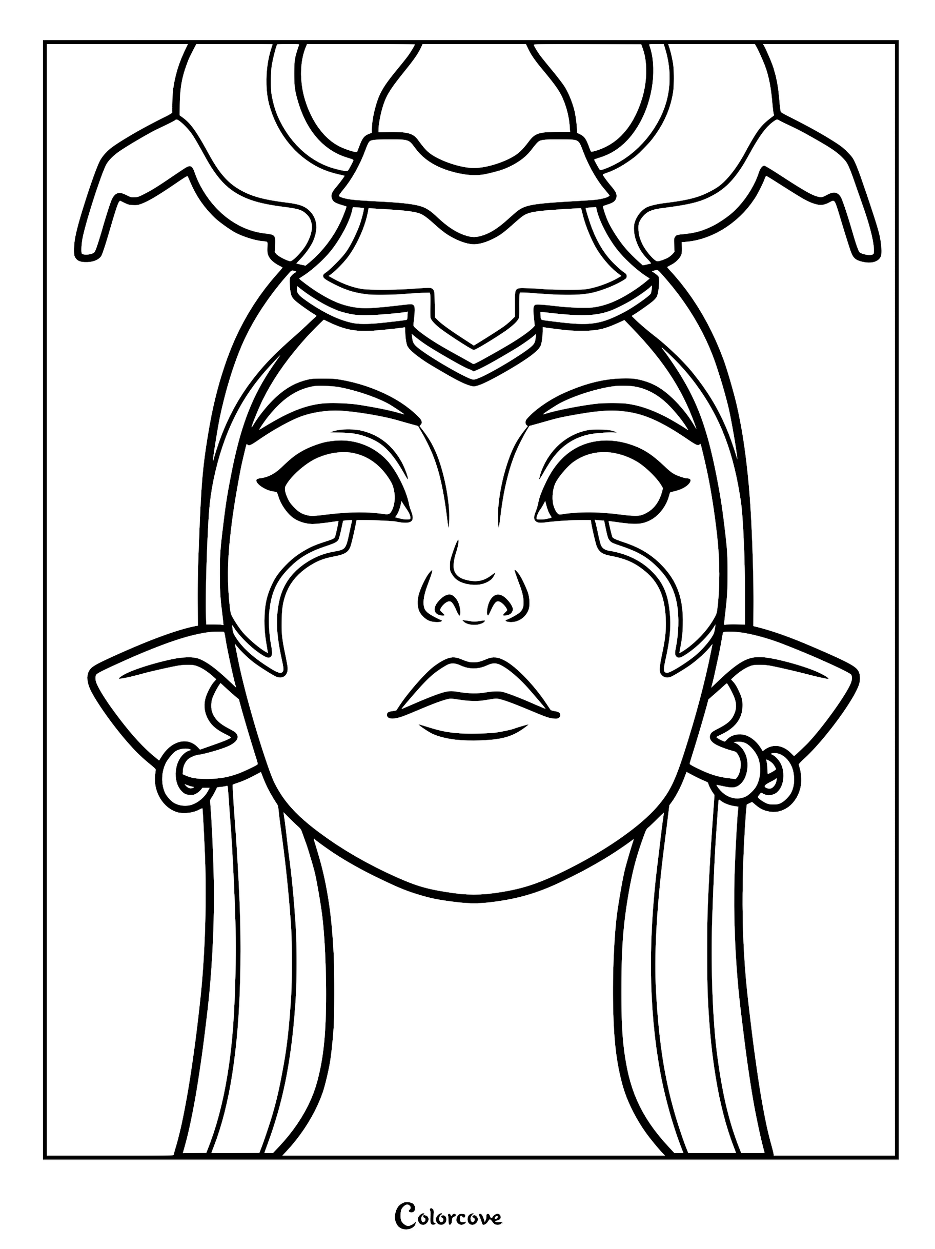 A detailed line art coloring page featuring the face of Osysa, the gynosphinx who guards the Slayer's Take guildhall in The Legend of Vox Machina.