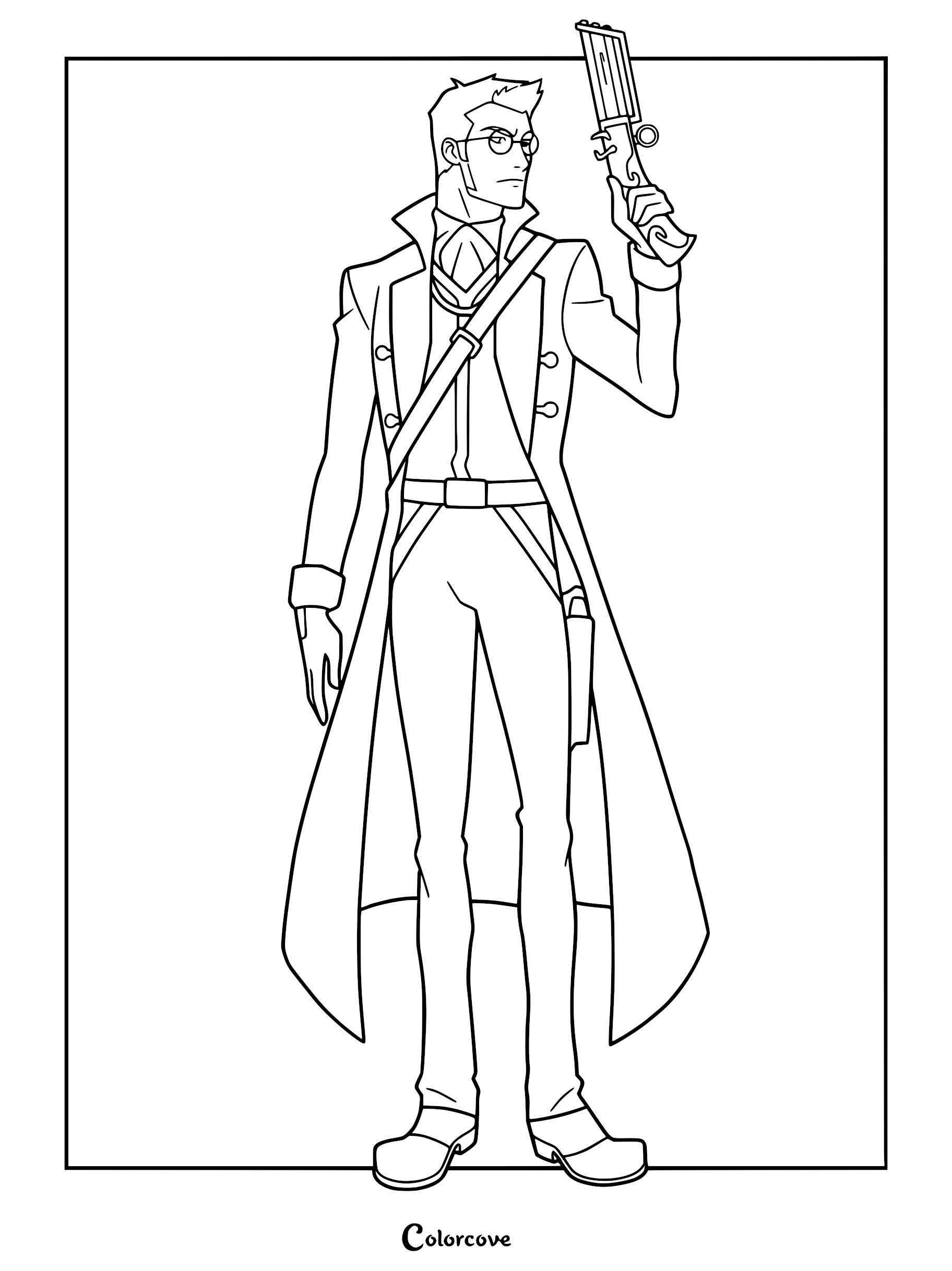Percy de Rolo from The Legend of Vox Machina wearing his signature long coat and glasses while holding his pepperbox pistol in this detailed character coloring page.