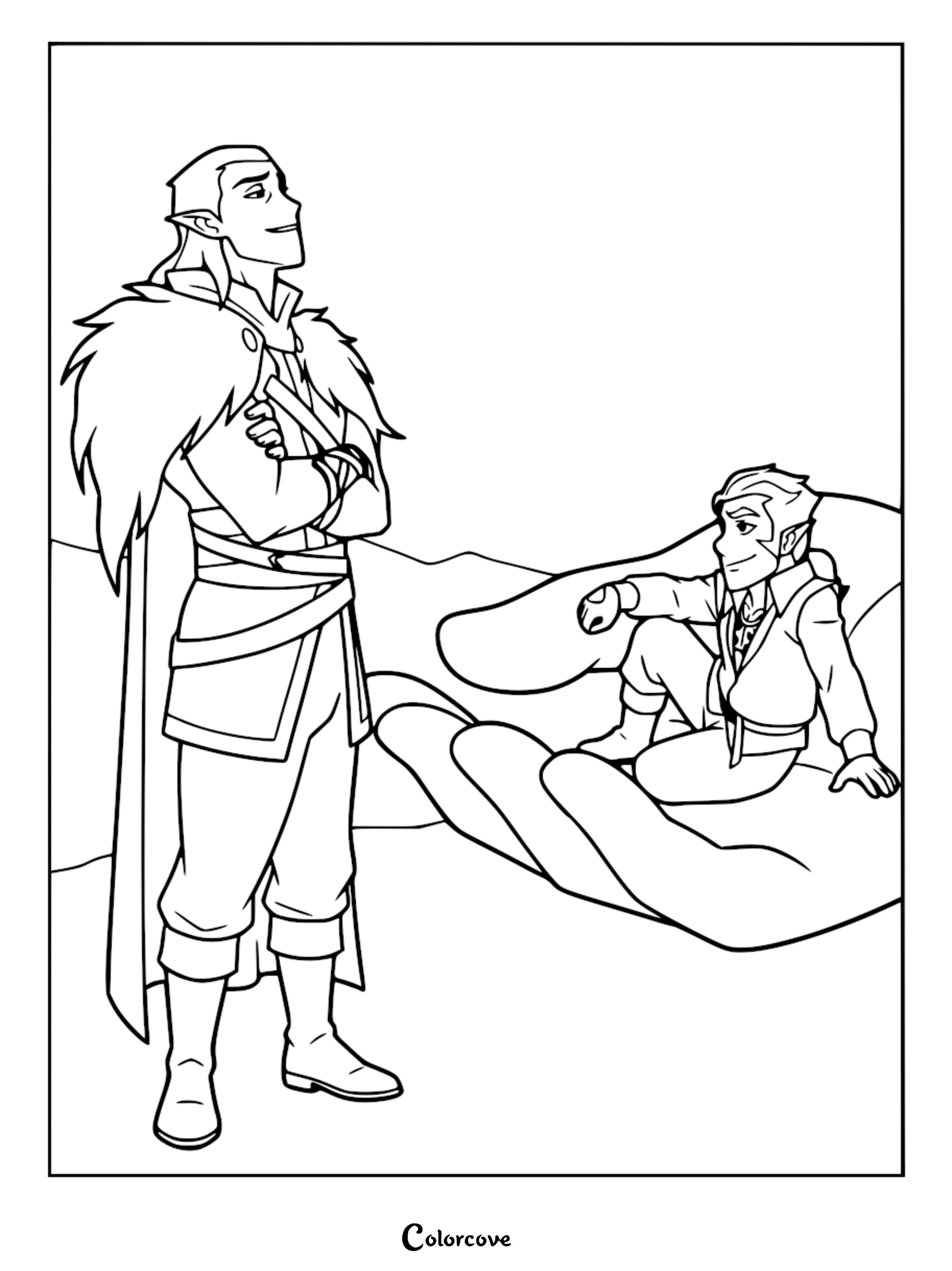 A line art coloring page featuring Scanlan Shorthalt standing proudly while his magical construct, Scanlan's Hand, holds a smaller version of himself.