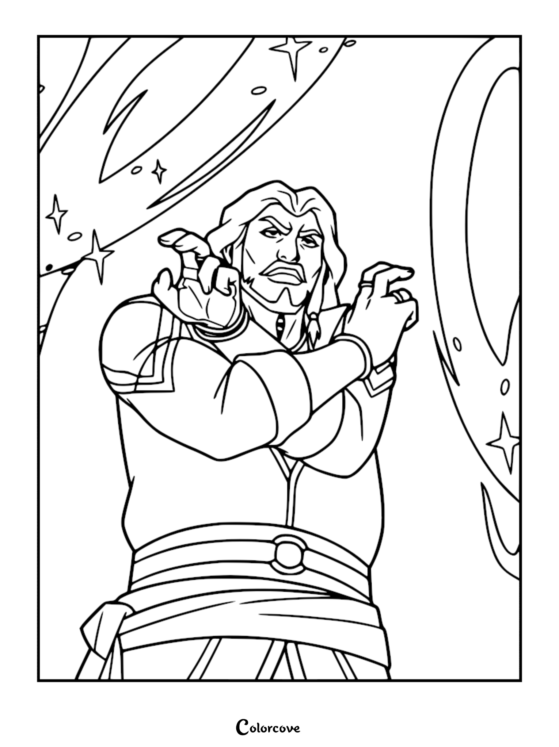 Shaun Gilmore from The Legend of Vox Machina wearing his signature attire while utilizing his magical abilities in a detailed line art coloring page.