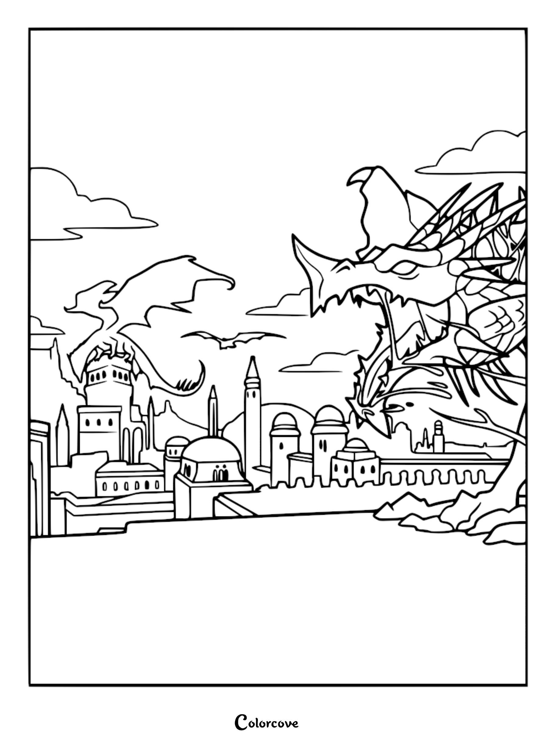 A detailed coloring page featuring the black dragon Umbrasyl, the Hope Devourer, looming over the city of Emon as it launches a devastating attack on the capital.
