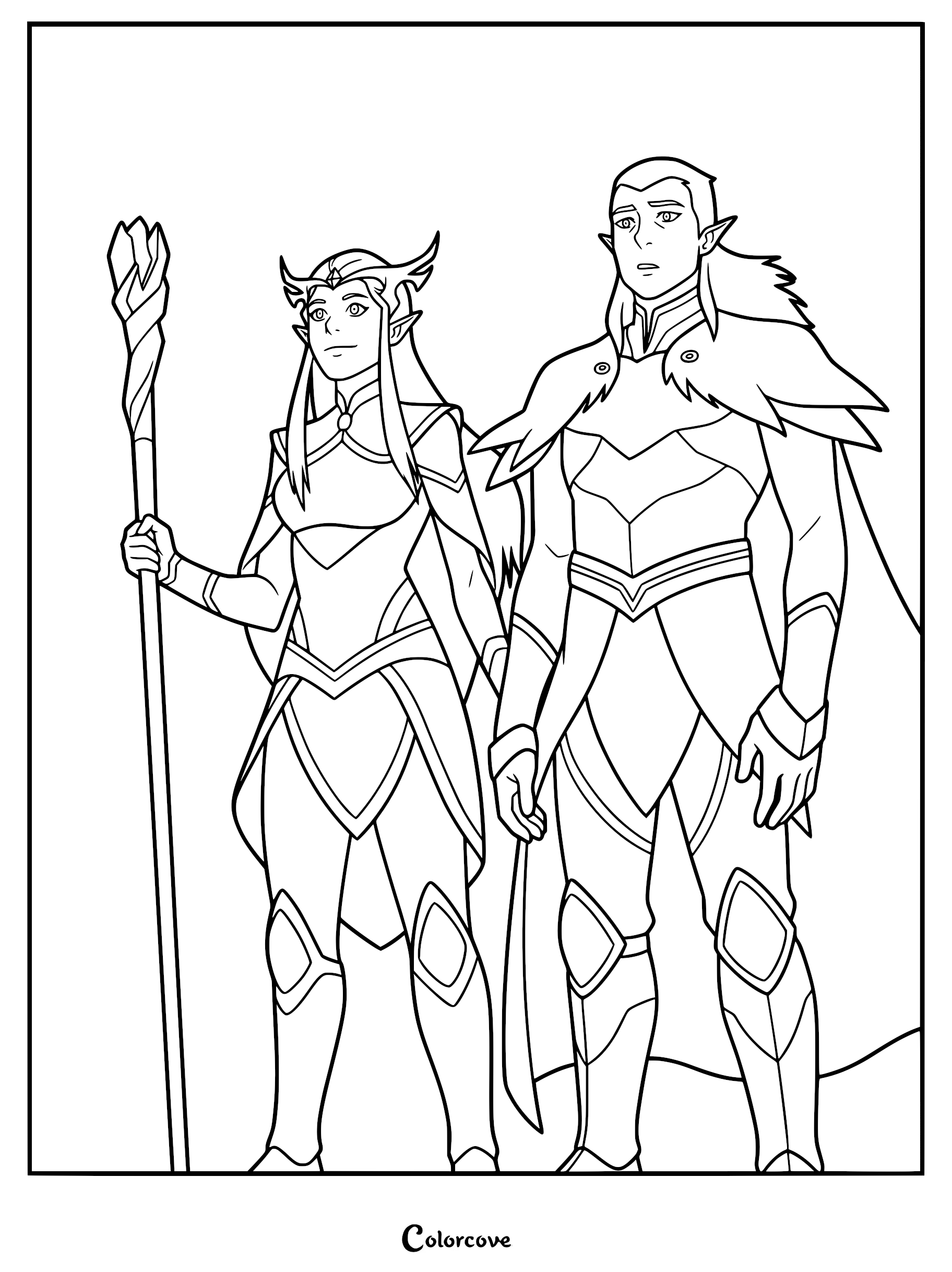 A line art coloring page featuring Keyleth holding her staff and Vax'ildan standing beside her in their iconic armor from The Legend of Vox Machina.