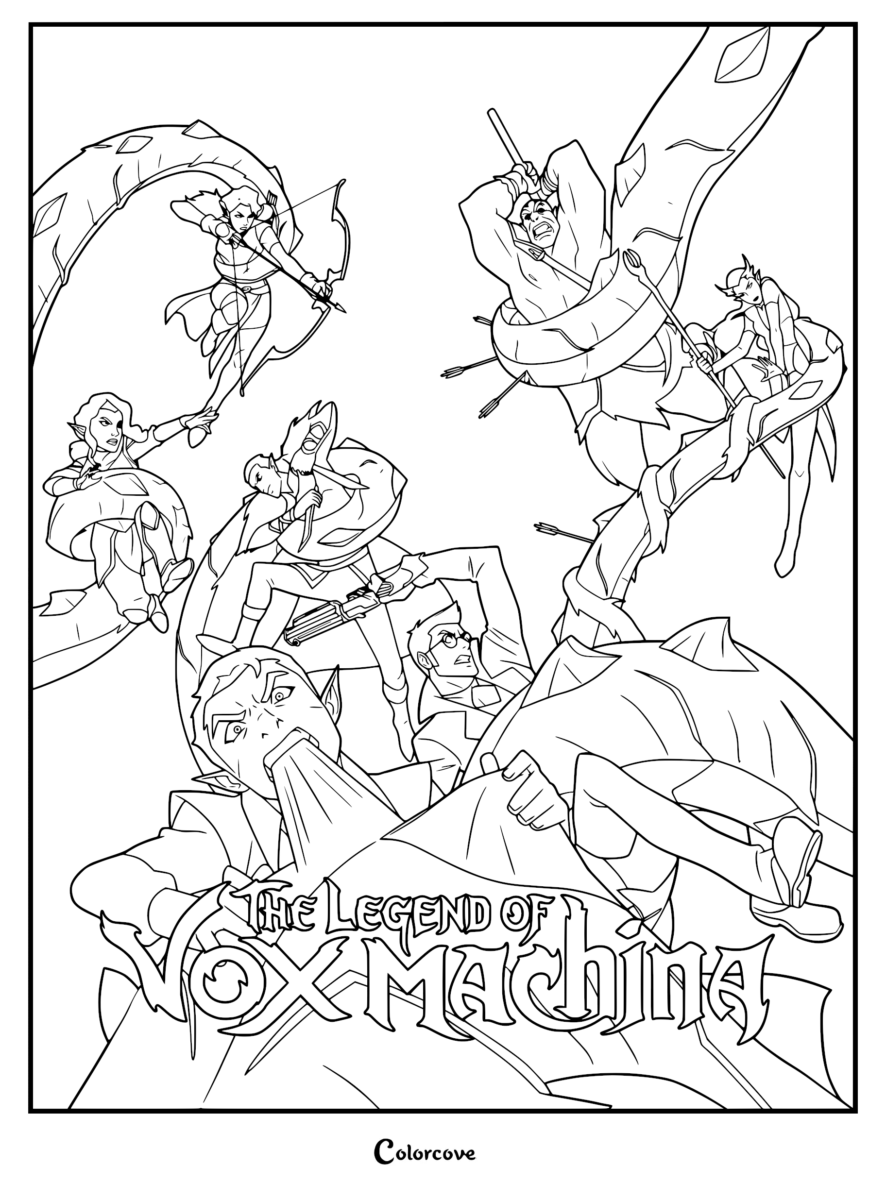 Line art coloring page featuring Vex'ahlia, Vax'ildan, Percy, Keyleth, and Grog fighting a massive tentacled monster.