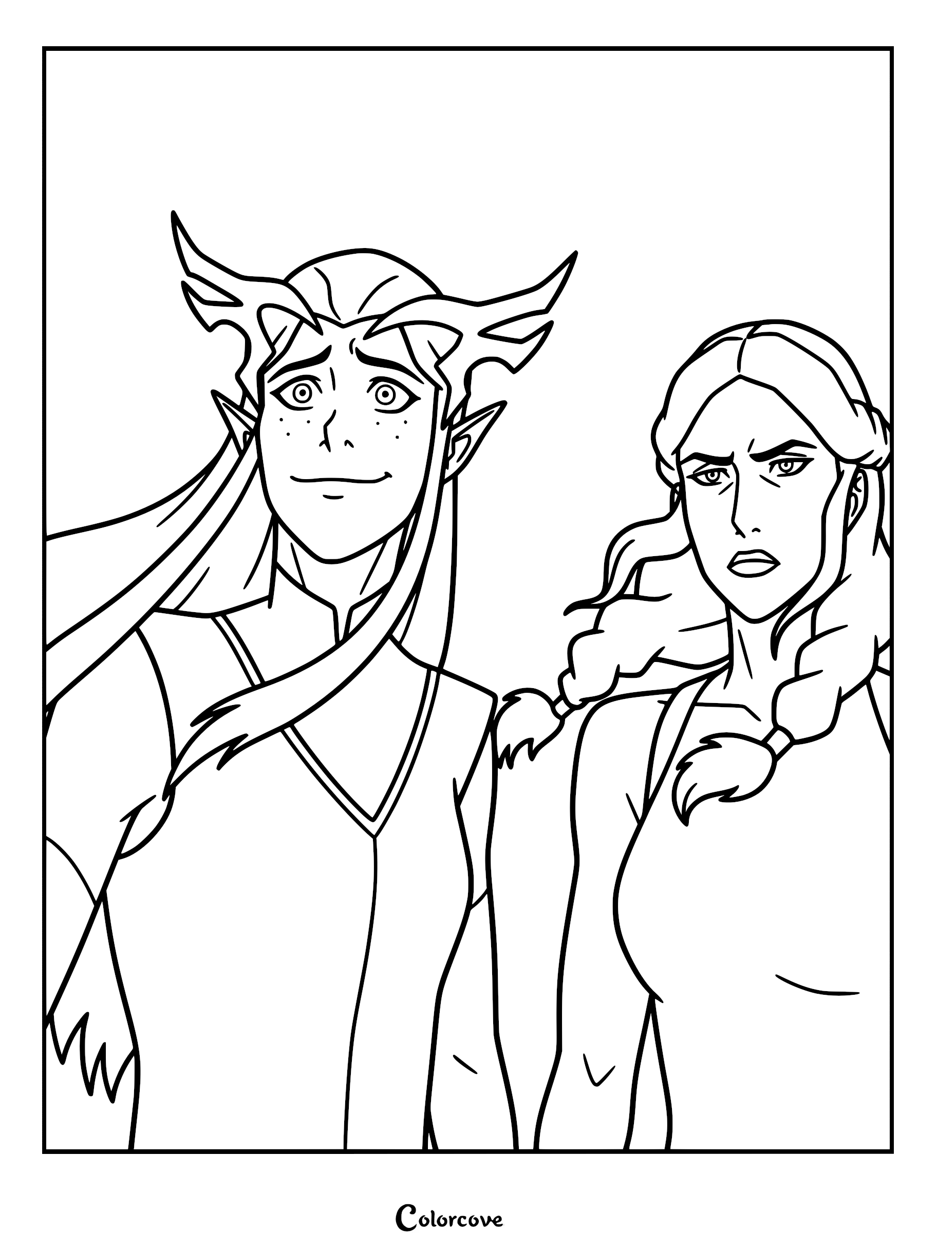 A line art coloring page featuring Keyleth with her signature antler headpiece on the left and Lady Allura Vysoren with braided hair on the right from The Legend of Vox Machina.