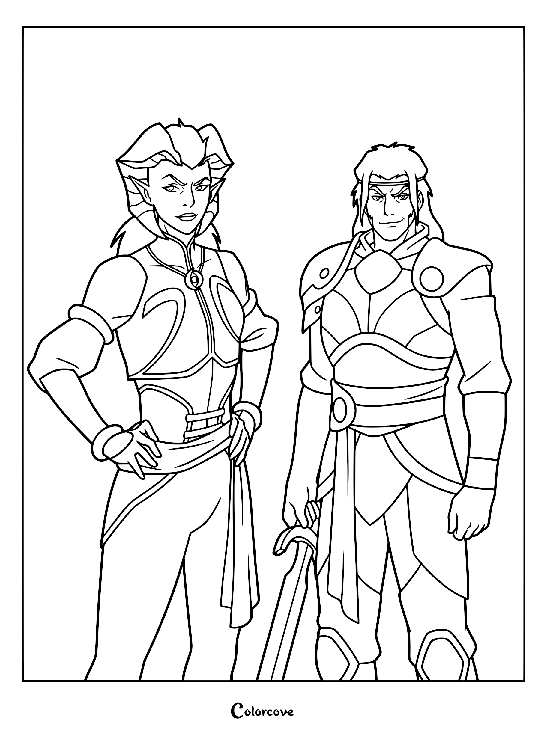 Line art coloring page featuring Zahra Hydris standing with hands on hips beside Kashaw Vesh holding a sword from The Legend of Vox Machina.