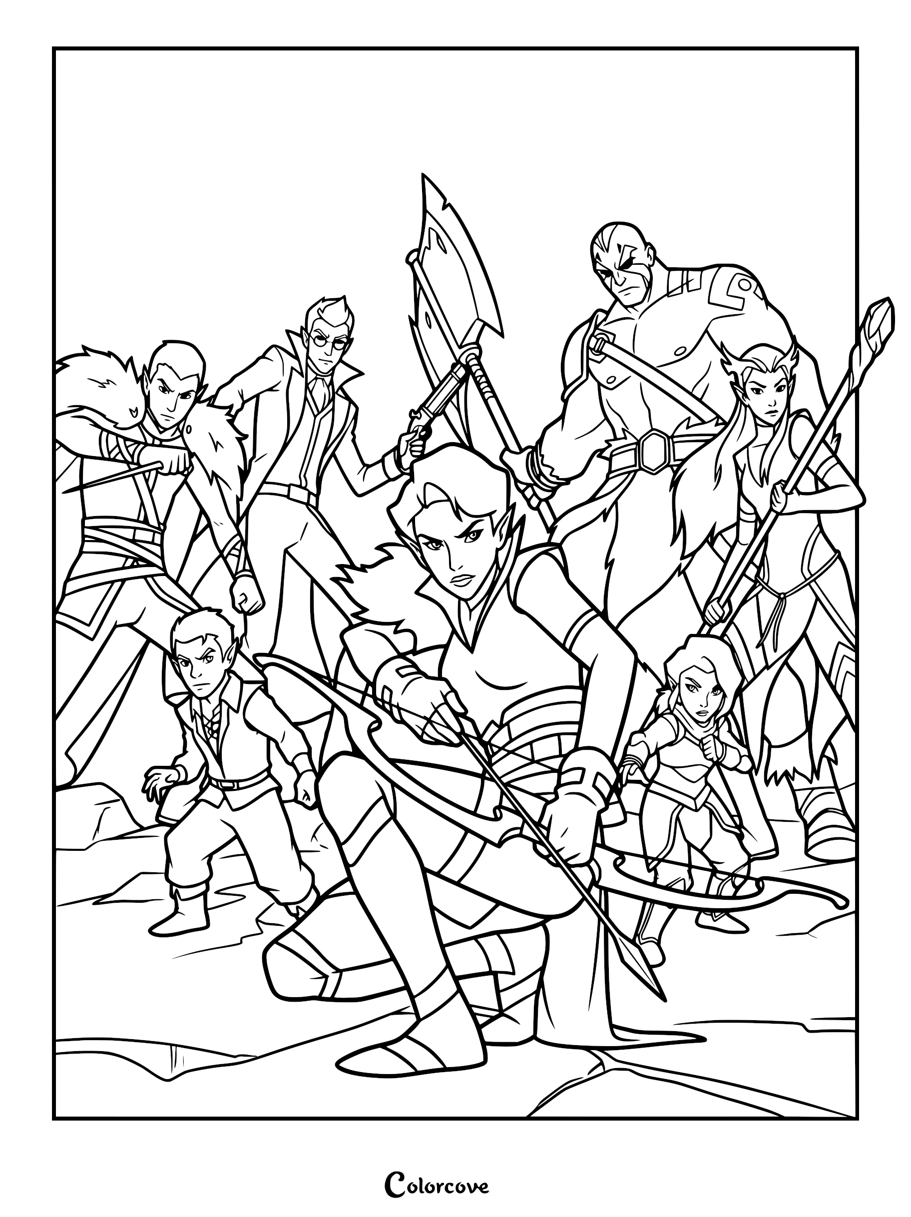A printable coloring page featuring the main cast of The Legend of Vox Machina, including Vex'ahlia kneeling with her bow, Vax'ildan, Percy, Grog, Keyleth, Scanlan, and Pike standing together in a heroic group pose.