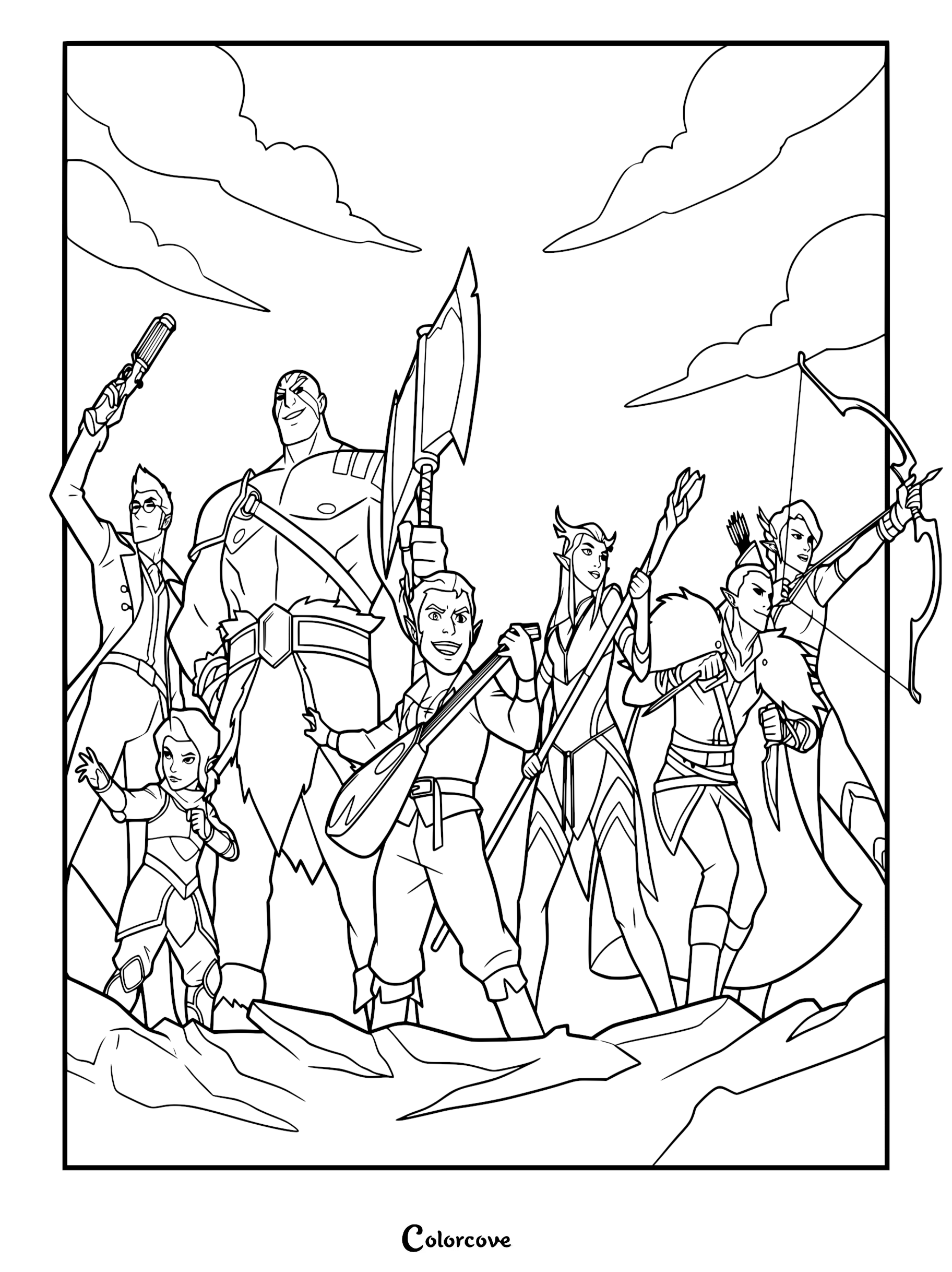 A detailed coloring page featuring the main cast of The Legend of Vox Machina including Percy with his pistol, Grog with his axe, Pike, Scanlan with his lute, Keyleth with her staff, Vax with his daggers, and Vex with her bow.