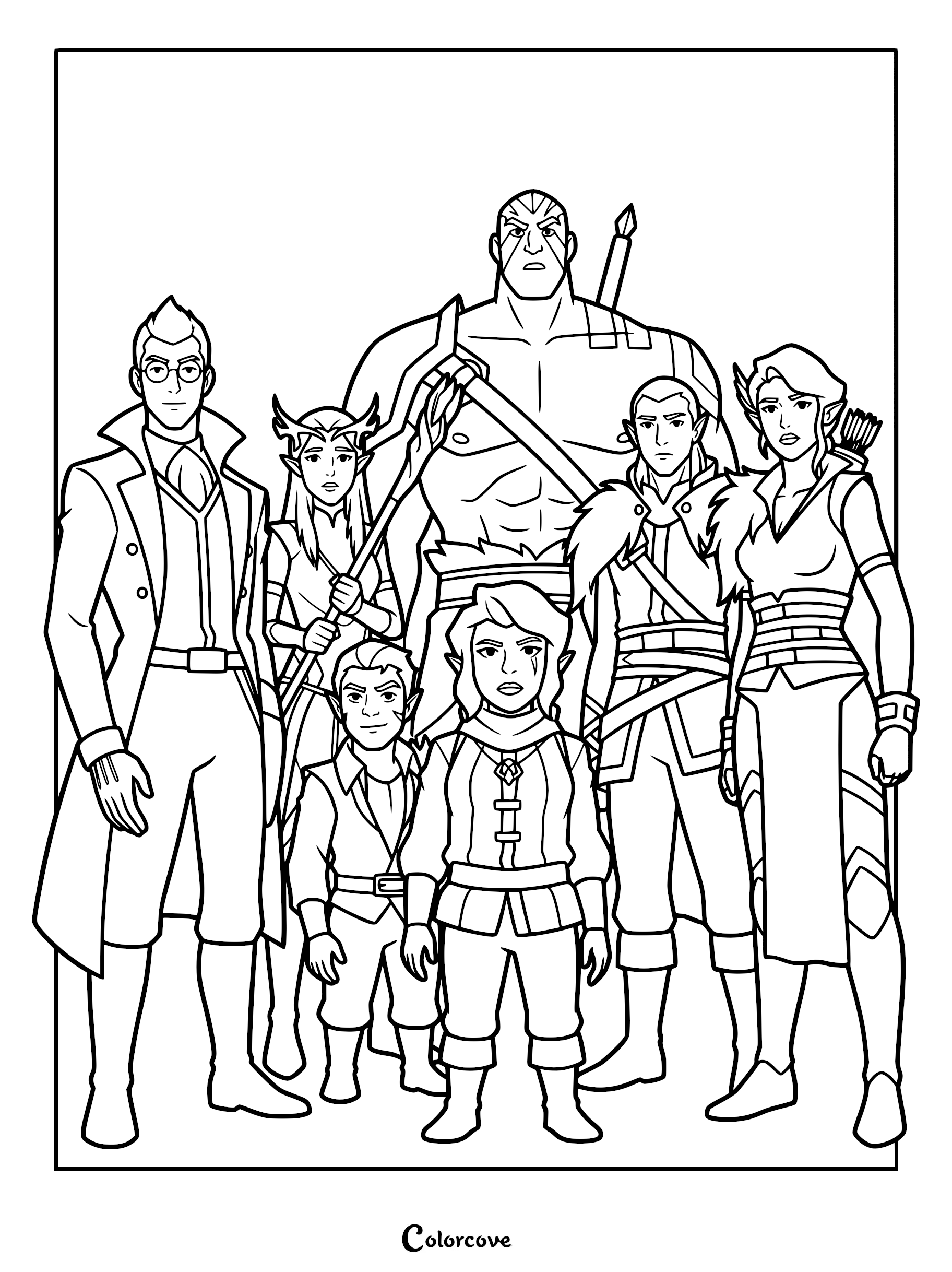 A line art coloring page featuring the main cast of The Legend of Vox Machina, including Percy, Keyleth, Grog, Scanlan, Pike, Vax, and Vex standing together in a group portrait.