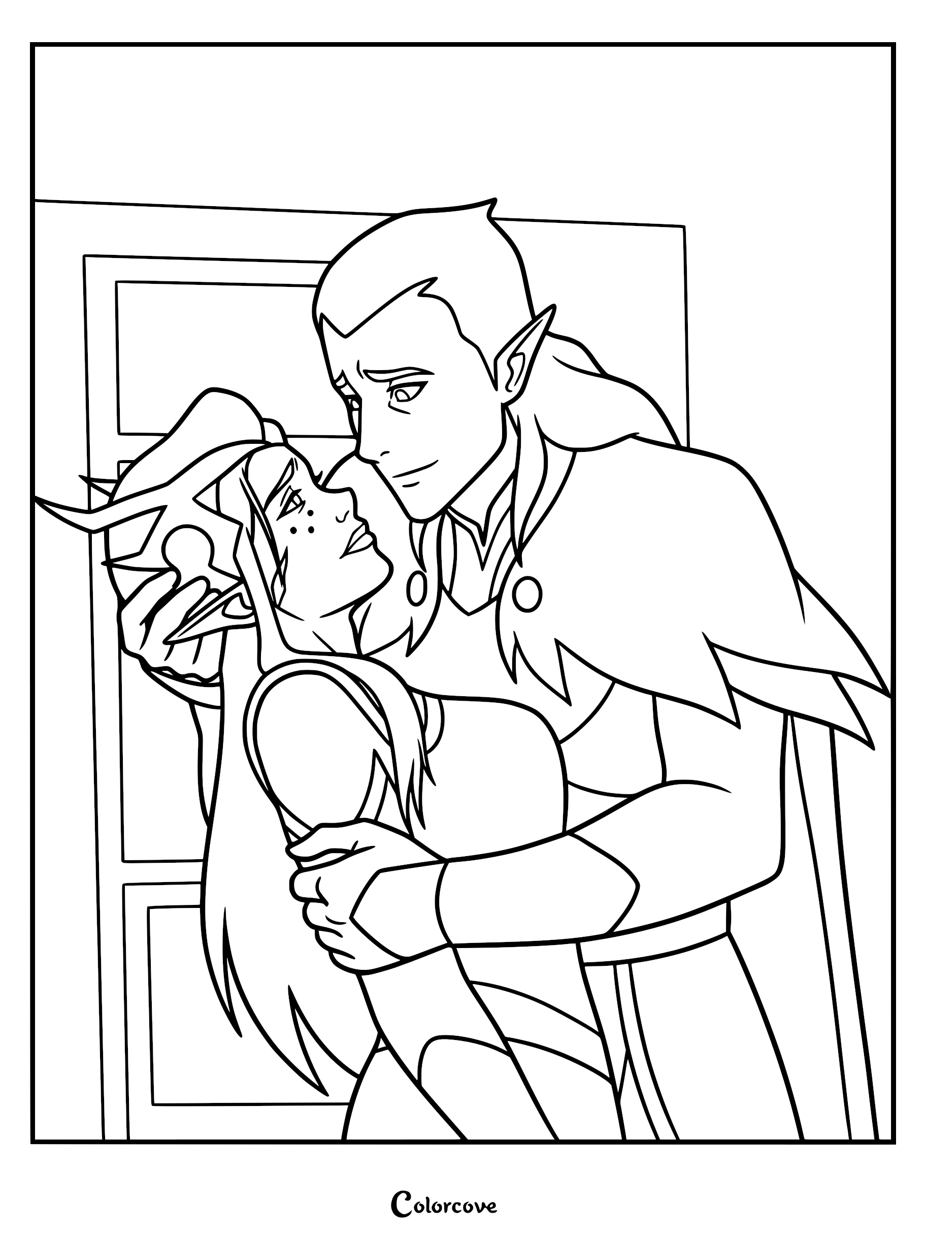 A line art coloring page featuring Vax'ildan holding Keyleth in a tender, romantic embrace, showcasing their detailed fantasy outfits and expressions.
