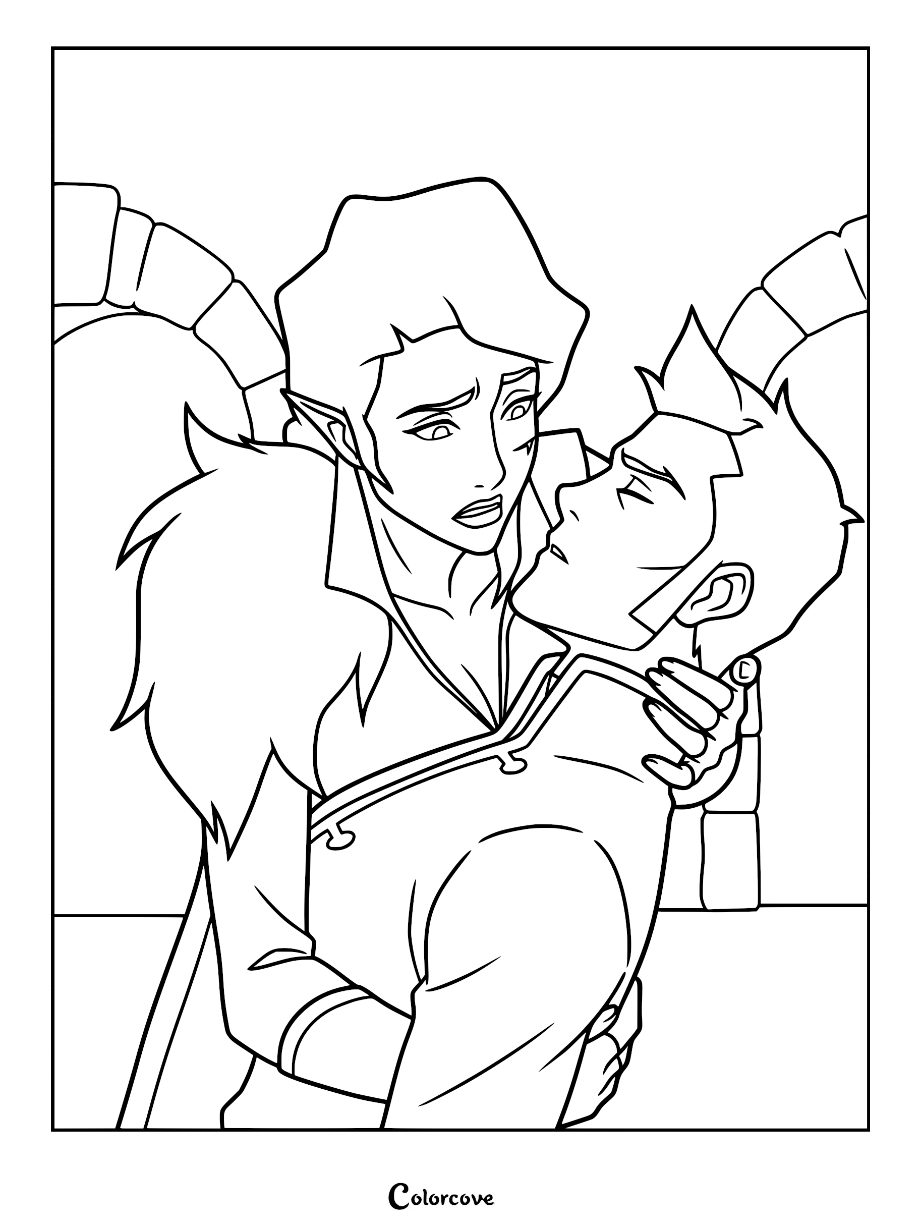 A printable coloring page featuring Vex'ahlia cradling a deceased Percival de Rolo in a dramatic, emotional scene from The Legend of Vox Machina.