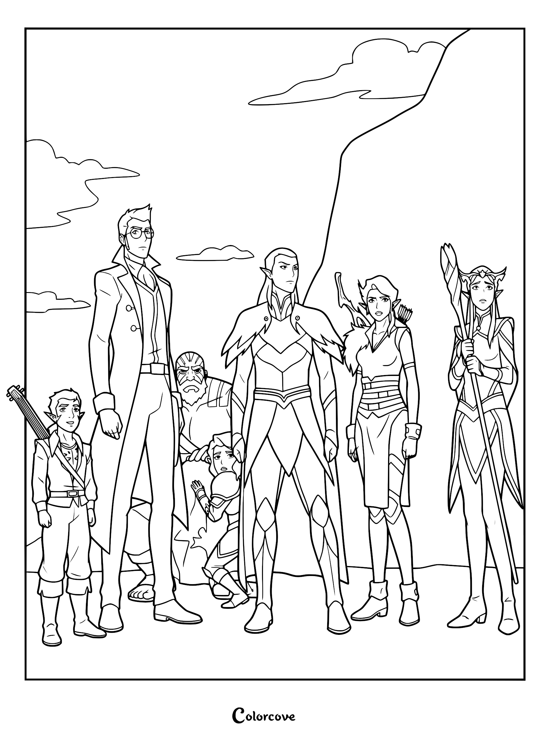 A printable coloring page featuring the main characters from The Legend of Vox Machina, including Scanlan Shorthalt, Percy, Grog Strongjaw, Pike Trickfoot, Vax'ildan, Vex'ahlia, and Keyleth standing together in a group.