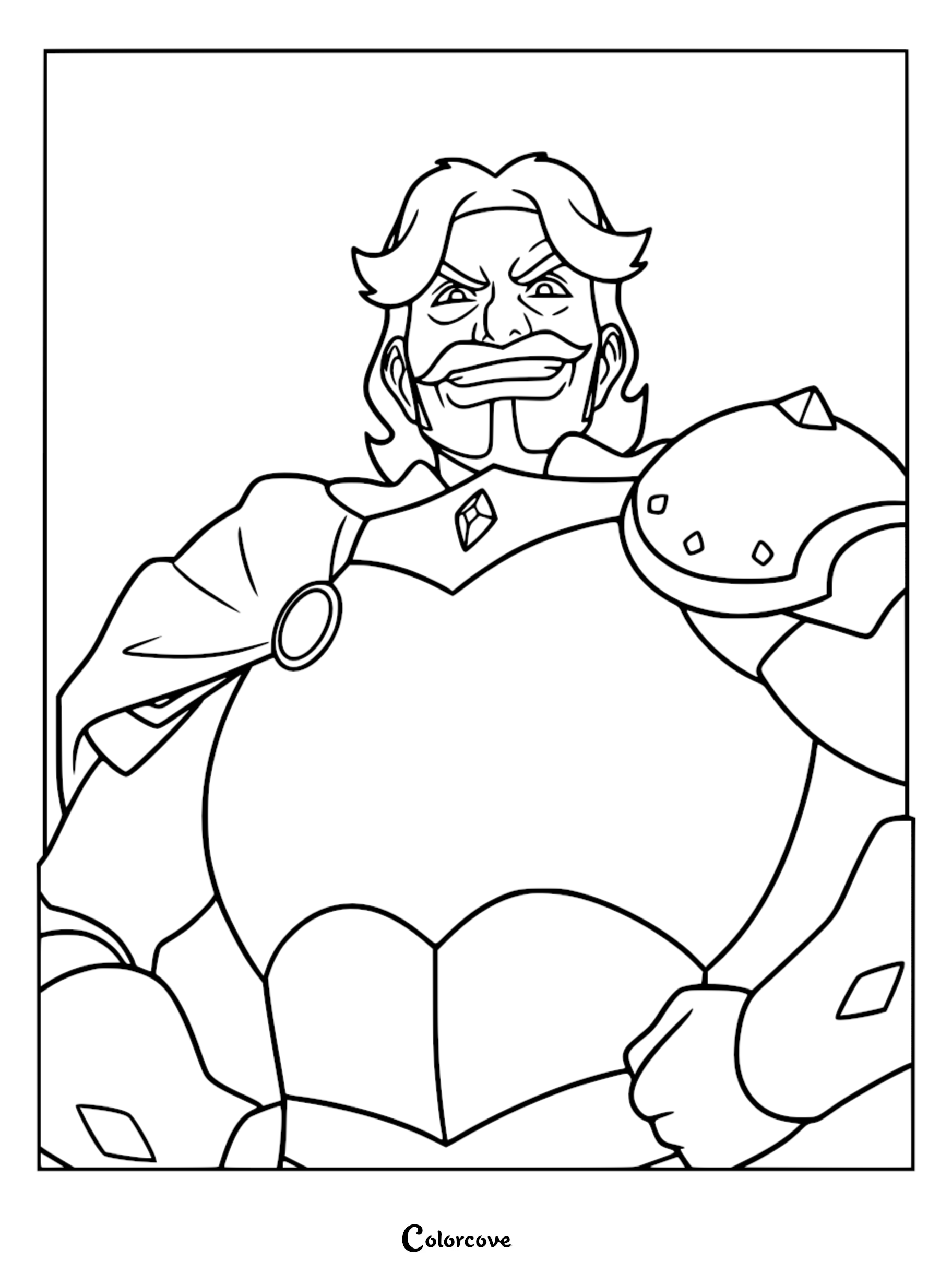 A printable coloring page featuring Taryon Darrington from The Legend of Vox Machina, showing his detailed armor, cape, and confident expression.