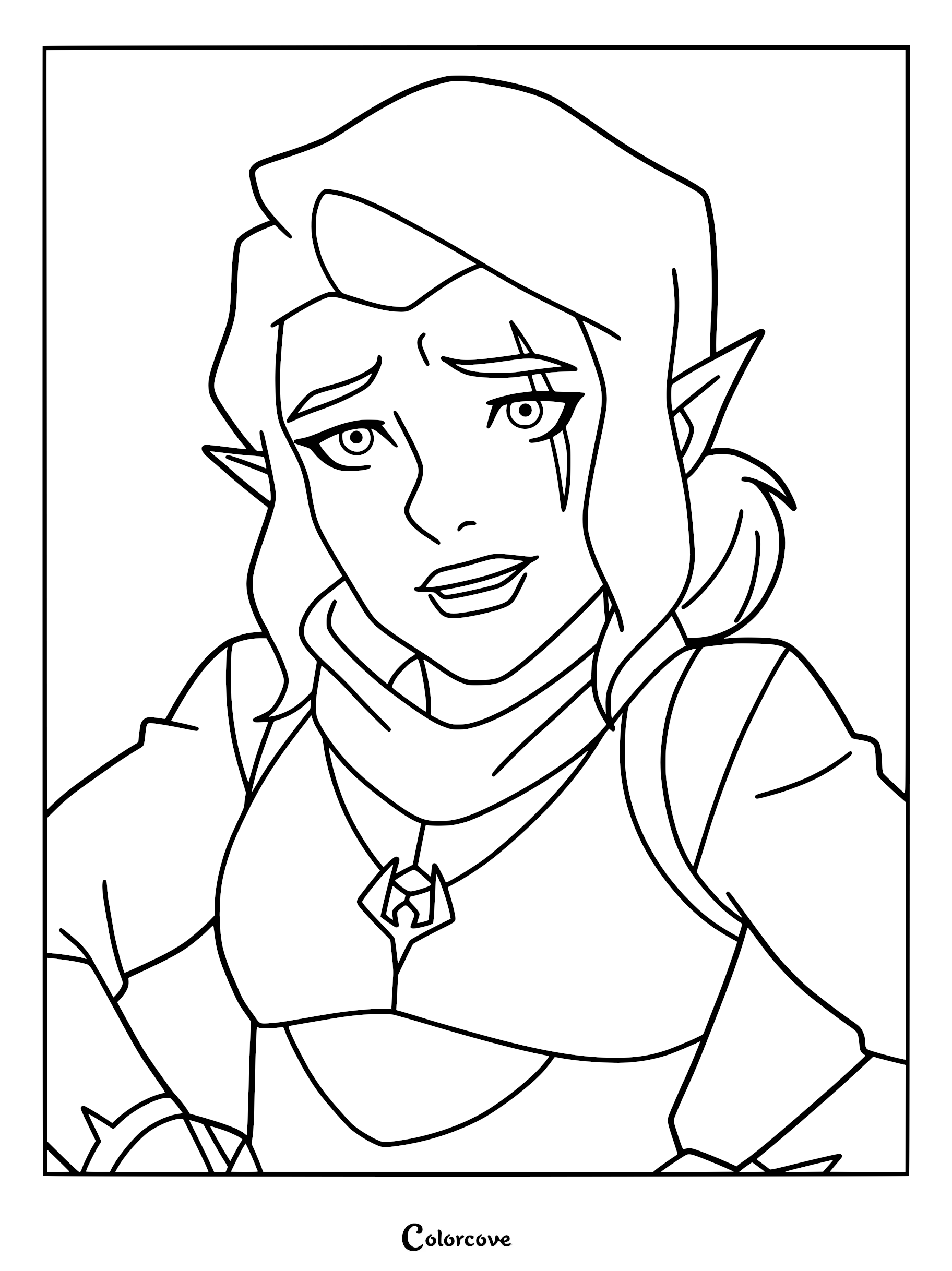 A detailed line art coloring page featuring a close-up portrait of Vex'ahlia from The Legend of Vox Machina, showing her signature pointed ears, long hair, and the distinct scar under her left eye.