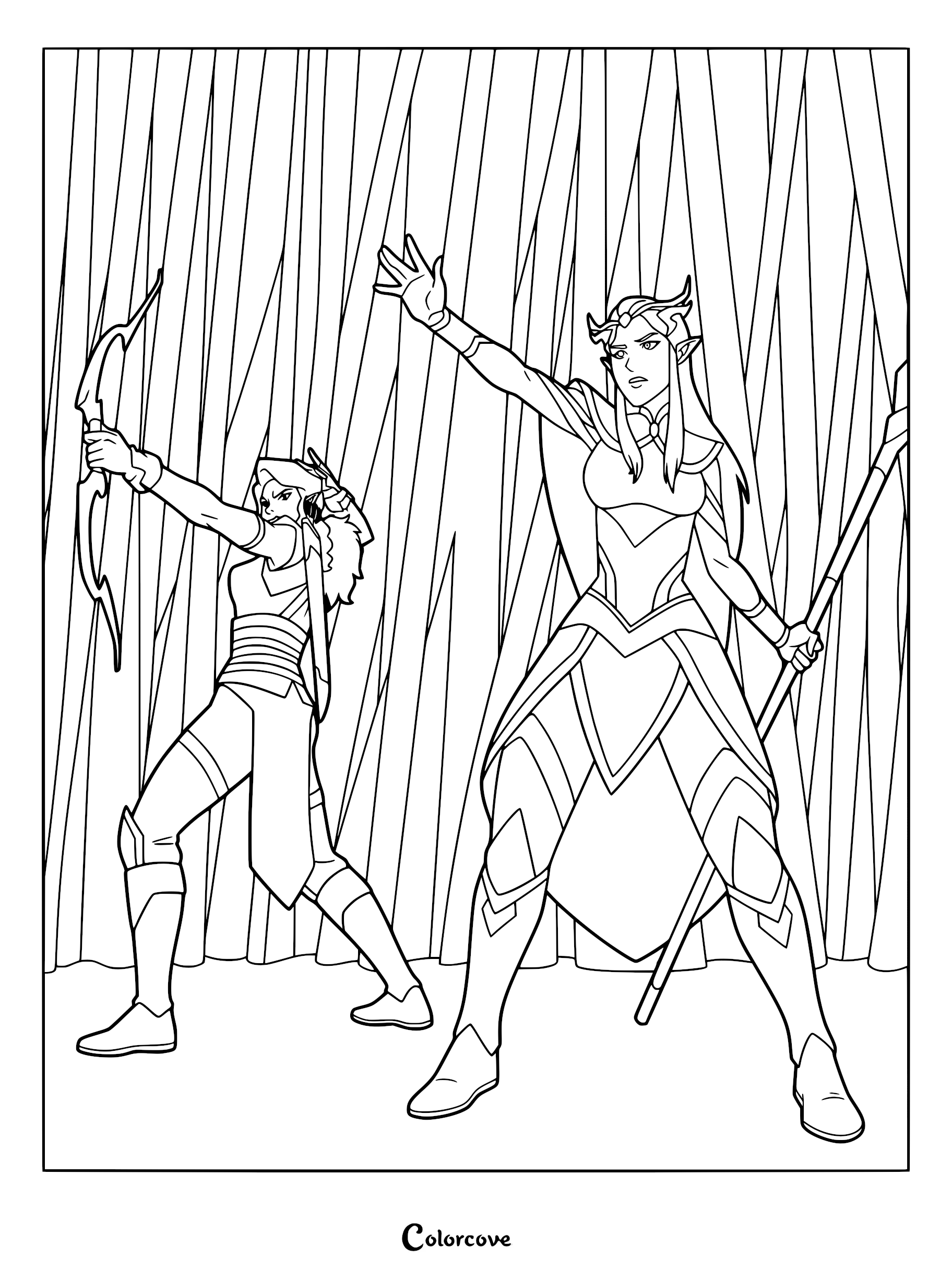 A printable coloring page featuring Keyleth and Vex'ahlia from The Legend of Vox Machina standing in the Fey Realm, with Vex'ahlia aiming her bow and Keyleth casting a spell.