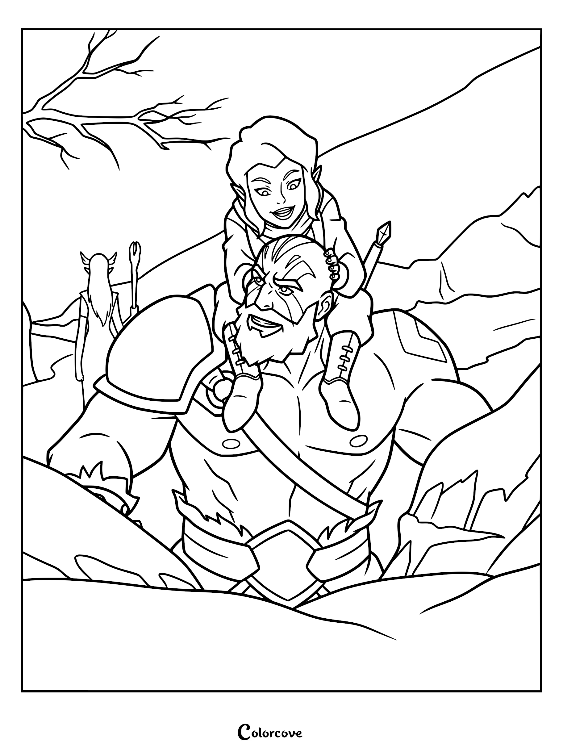 A coloring page featuring Grog Strongjaw carrying Pike Trickfoot on his shoulders in a snowy landscape with Keyleth walking in the background.