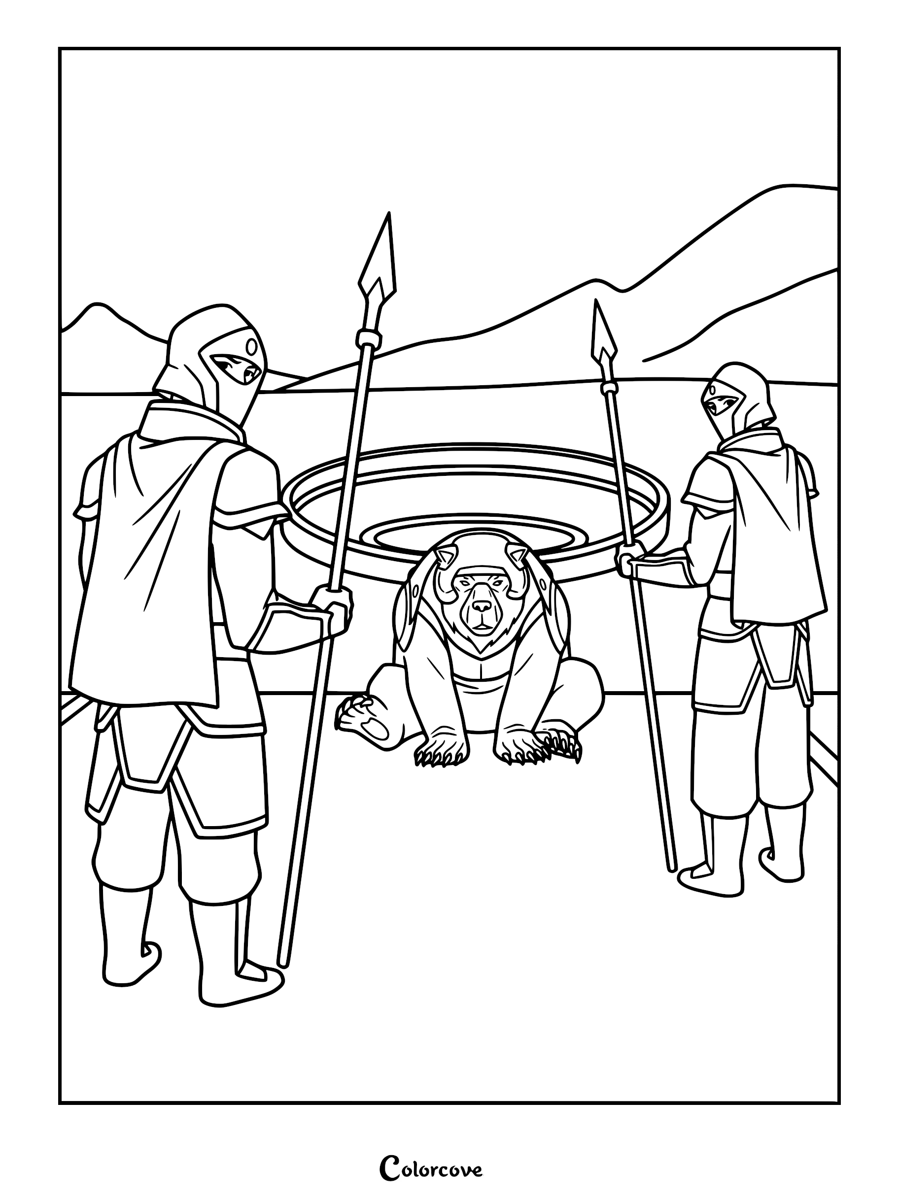 Trinket the bear from The Legend of Vox Machina wearing armored plating, surrounded by two guards with spears, in a printable coloring page format.